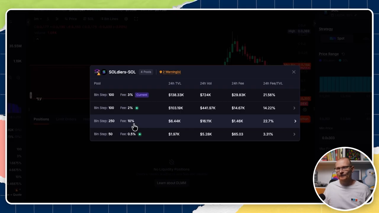A Meteora comparison showing four pools for the same token pair with different bin steps, fee tiers, TVL, volume, and fee-to-TVL ratios.