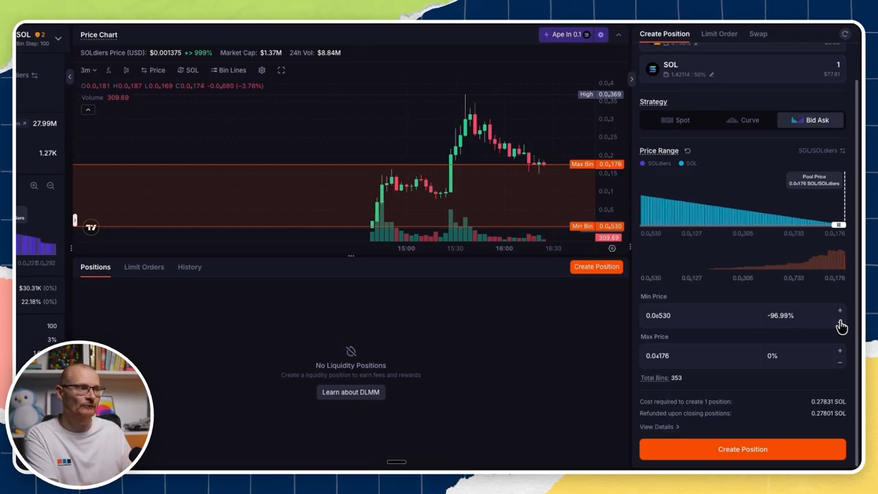 Meteora's bid-ask strategy with liquidity distributed below the current pool price.