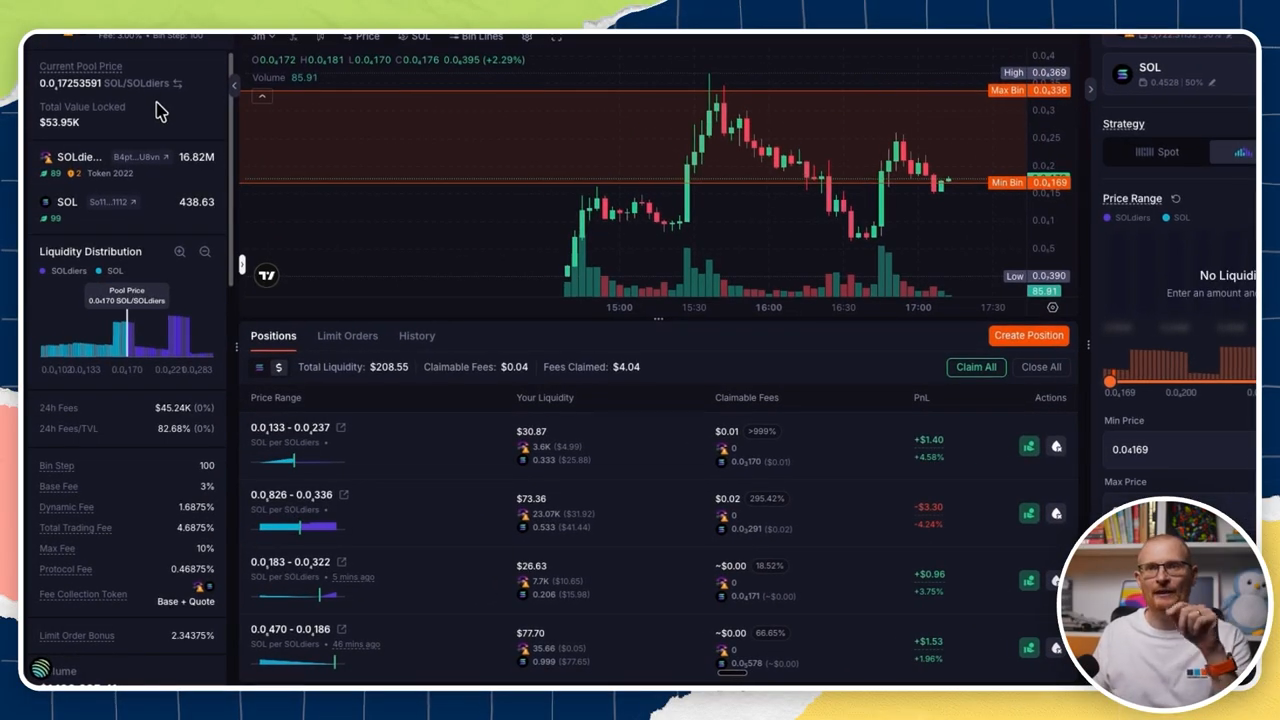 A Meteora pool screen showing current price, liquidity distribution, fee settings, several open positions, claimable fees, and P and L.