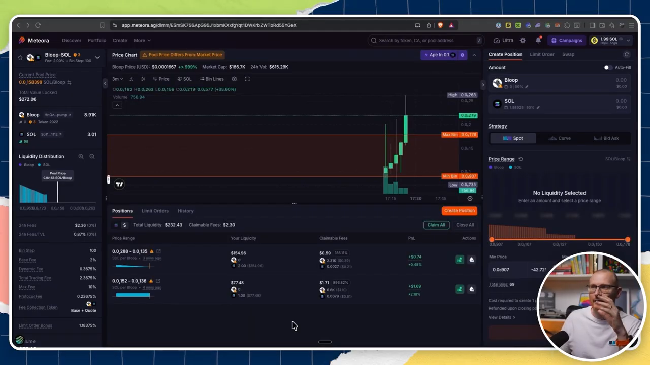 A fast-moving Meteora pool showing a warning that the pool price differs from the market price while price has moved beyond the selected range.