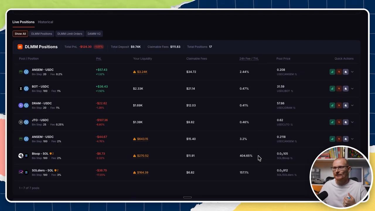 A Meteora portfolio where some volatile pools show very high fee-to-TVL percentages while the corresponding positions remain at a loss.